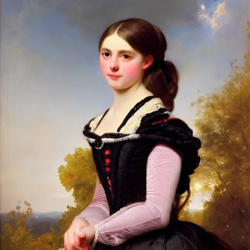 Image similar to portrait of a german teenage princess, circa 1 8 5 0 by franz xaver winterhalter, highly detailed, beautiful, oil on canvas, 1 8 5 0 s, romanticism