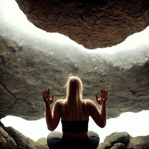 Prompt: Woman sitting under a ginormous rock overhead, partially cupping her hands, gesturing it outward!!!!! to the camera!!!!!, in a rainy environment, fisheye!!!!! lens!!!!!, rainy and wet atmosphere, closeup, dark and grim lighting, trending on artstation, 4k, 8k