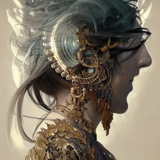 Image similar to portrait of a dead god, D&D, fantasy, intricate, elegant, highly detailed, digital painting, artstation, concept art, smooth, sharp focus, illustration, art by artgerm and greg rutkowski and alphonse mucha