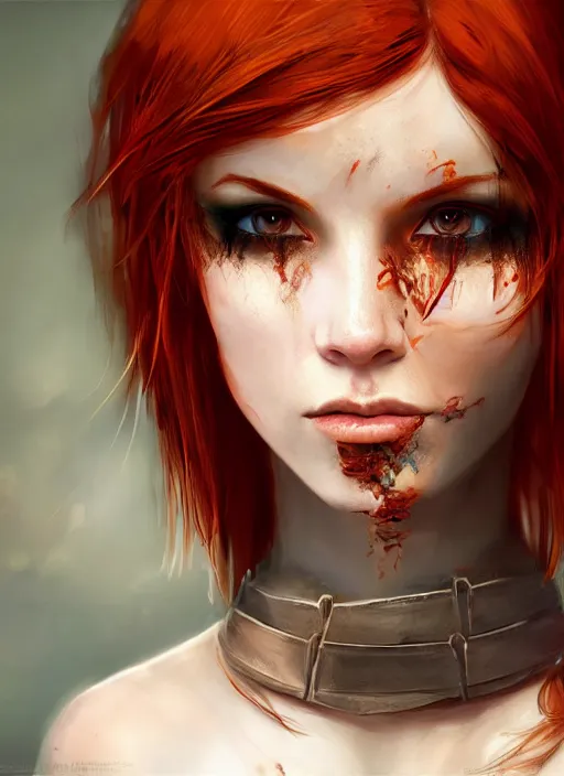 Image similar to Beautiful redhead girl which chest wrapped in bandages, portrait, fantasy, medieval, vivid colors, fantasy, elegant, concept art, sharp focus, beautiful face, digital art, Hyper-realistic, 4K, Unreal Engine, Highly Detailed, HD, Dramatic Lighting by Brom, trending on Artstation