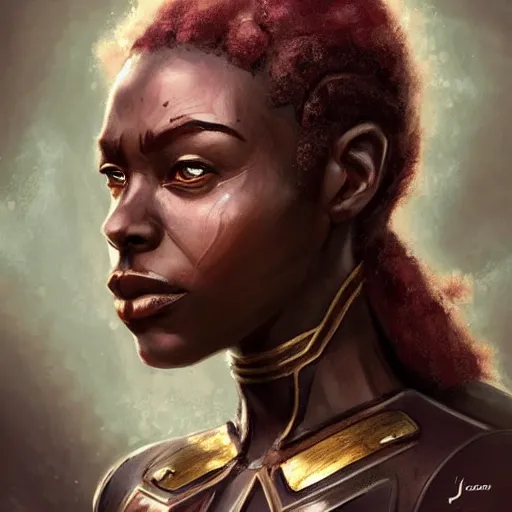 Image similar to beautiful, very strong, wakanda warrior woman, middle aged, face, no makeup, no tattoos, warrior, battle hardened, head shot, fantasy, highly detailed, digital painting, artstation, concept art, smooth, sharp focus, illustration, art by jodie muir and brom