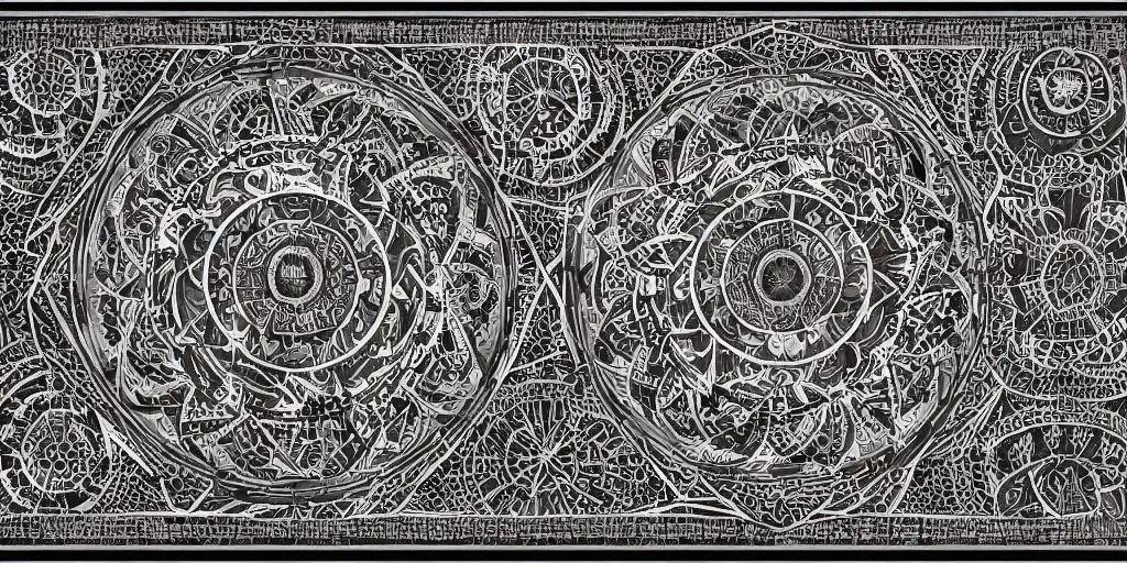 Image similar to highly detailed schematic, technical drawing, side view, infernal mandala geometrical designs, dark fantasy magick designs