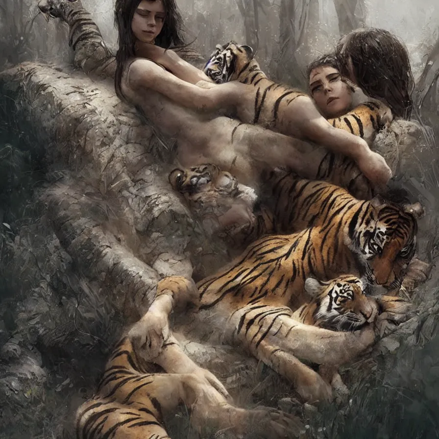 Image similar to the relationship between a girl and a tiger. they love each other, girl with beautiful soft woman body, detailed digital art by greg rutkowski.