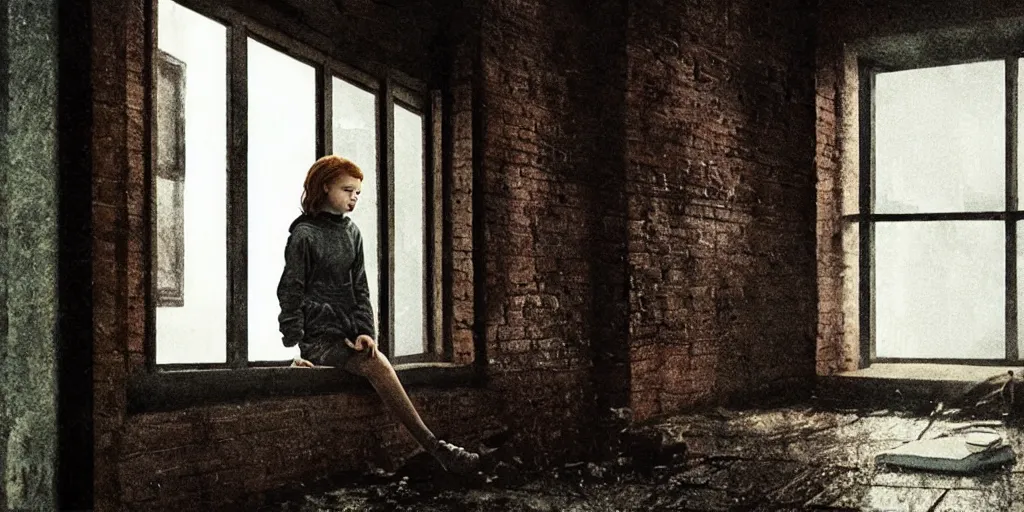 Image similar to at night, sadie sink in hoodie sits on windowsill, knees tucked in | rain falls, old brick wall with ussr propaganda posters : 3 5 mm film, anamorphic, single long shot from schindler's list by steven spielberg. cyberpunk, cinematic atmosphere, detailed and intricate, perfect anatomy