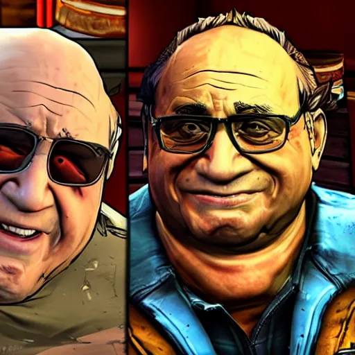 Image similar to a screenshot of danny devito in the video game borderlands 2. 3 d rendering, unreal engine. amazing likeness. very detailed. cartoon caricature