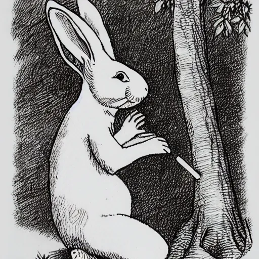 Image similar to drawing of a white bunny smoking a big cigarette in the deep tangled forest, by edward gorey, by gustav dore, black ink on white paper