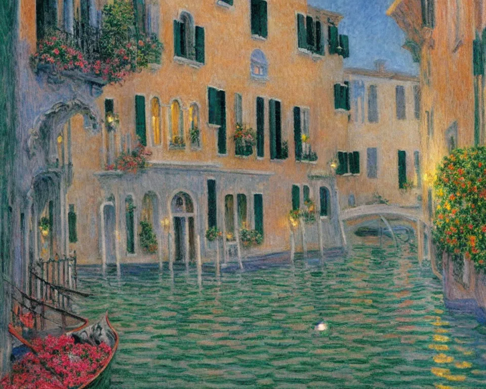 Prompt: a quaint, romantic venice canal with glowing street lamps and hanging flower baskets at night by hopper and monet. enchanting, detailed.