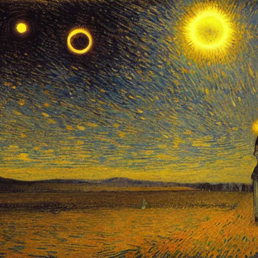 Prompt: stars, solar eclipse, looming over the earth, hdr, hq, painting by gustave dore and vincent van gogh