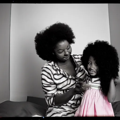 Image similar to afro woman brushing her daughter's hair, retro room, 8 0 s, nostalgic, disposable film