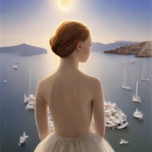 Image similar to Elle Fanning in Santorini, head and shoulders portrait, extremely detailed masterpiece, Roger Deakin’s cinematography, illustration, by Michael Sowa,