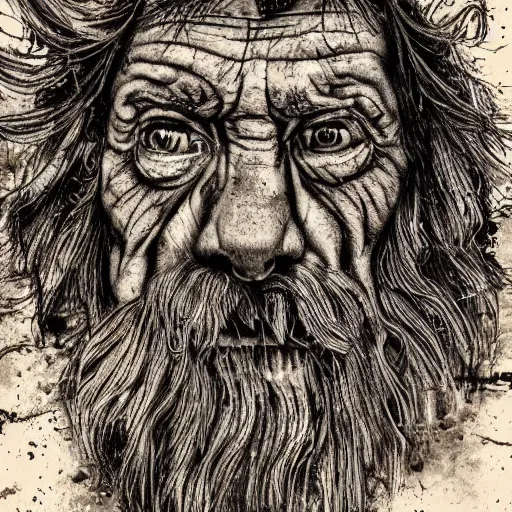 Prompt: a realistic portrait of an old weathered protector, ink illustrated , dream like atmosphere,