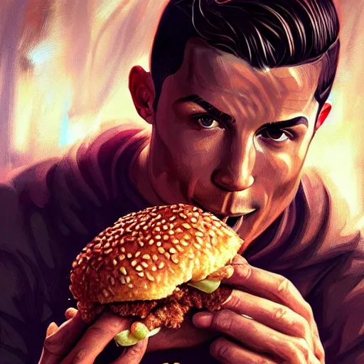 Image similar to Cristiano Ronaldo eating a mighty zinger from KFC, closeup, D&D, fantasy, intricate, elegant, highly detailed, digital painting, artstation, concept art, matte, sharp focus, illustration, art by Artgerm and Greg Rutkowski and Alphonse Mucha