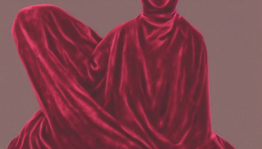 Image similar to portrait digital drawing of invisible man wrapped in red velvet sheet. surrounded by darkness