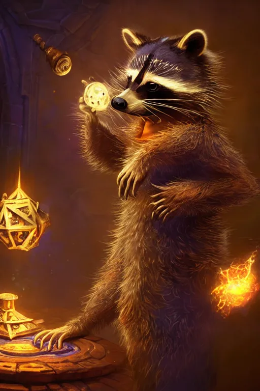 Image similar to closeup 3 5 mm anthropomorphic sorcerer raccoon casting a spell in a castle, d & d, fantasy, intricate, action pose, particle effects, highly detailed, digital painting, artstation, concept art, matte, sharp focus, volumetric lighting, illustration, hearthstone, art by artgerm, wlop, greg rutkowski and alphonse mucha