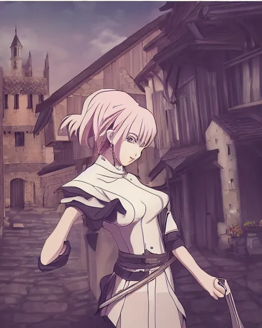 Image similar to key anime visual portrait of a young female walking through a medieval village, perfect anime face, dynamic pose, dynamic perspective, detailed silhouette, detailed, intricate