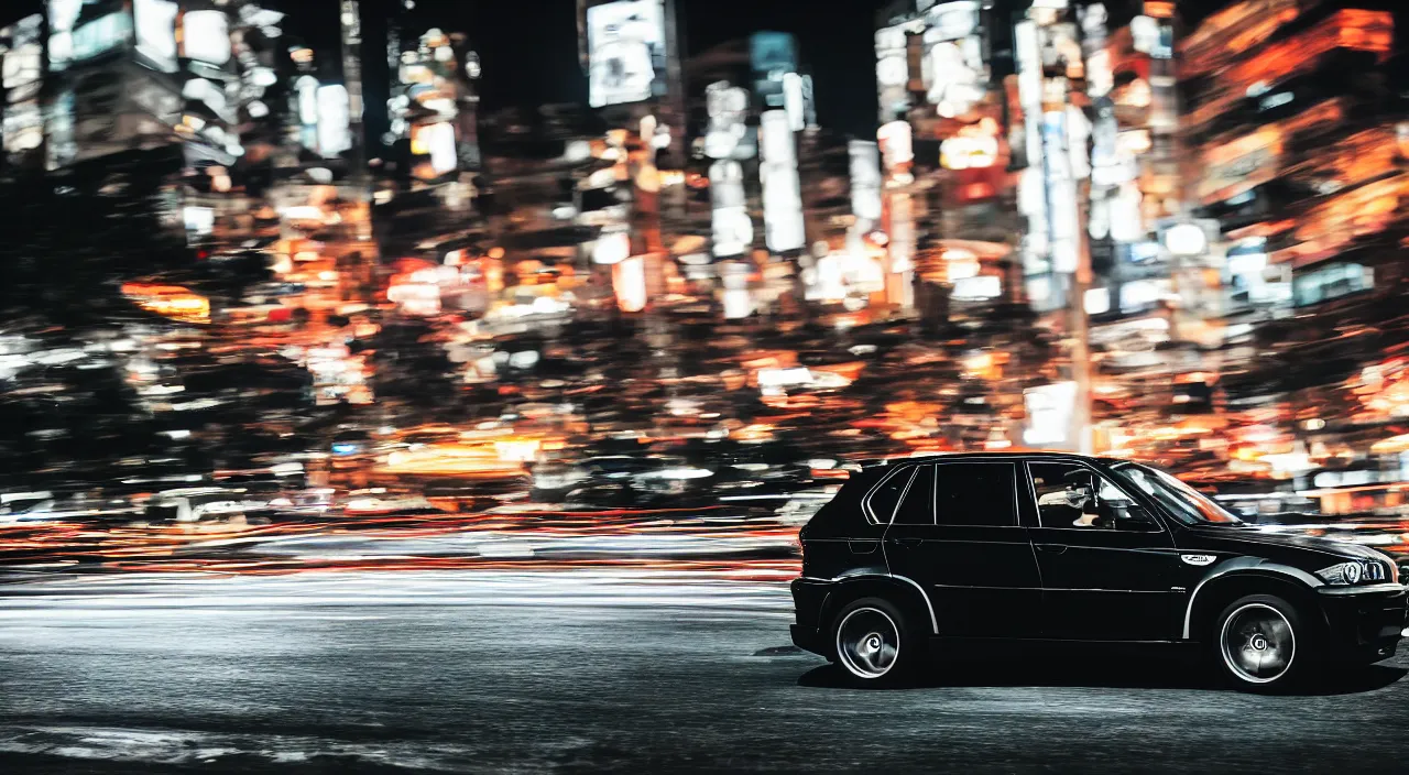 Image similar to photo of a black bmw x 5 2 0 0 3 at night driving fast through a city, cinematic, 4 k, long exposure photography, tokyo drift, fast and furious, kodak portra 4 0 0