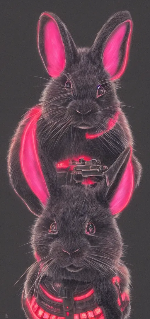 Image similar to portrait of neon fur rabbit with red eyes and a machine gun , 8k, highly detailed, sharp, realistic, in style of Brom