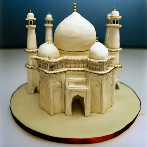 Image similar to Award winning photo 35mm of a cake that is made of cheese in the shape of the taj mahal