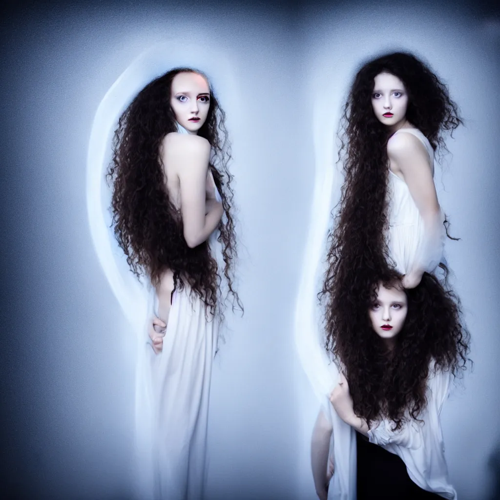 Image similar to a young woman with long curly hair, dressed in long white, light painting in style of Paolo Roversi, professional studio lighting, dark background, hyper realistic photography, fashion magazine style