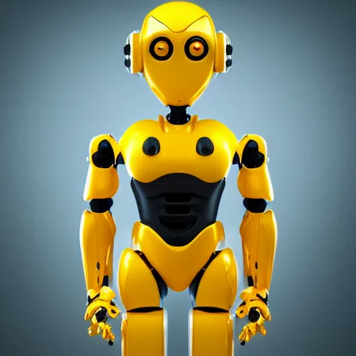 Image similar to still photo of a yellow robot, highly detailed, photorealistic portrait, bright studio setting, studio lighting, crisp quality and light reflections, unreal engine 5 quality render,