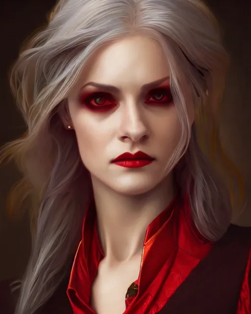 Image similar to female queen vampire, perfect face, gold waistcoat, red shirt, long grey hair, red necktie, cinematic, stunning, highly detailed, digital painting, artstation, smooth, hard focus, illustration, art by artgerm and greg rutkowski and alphonse mucha