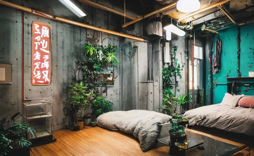 Prompt: maximalist interior of a japanese bedroom, concrete, cyberpunk, japanese neon signs, retro futuristic, old brick walls, bed, cupboards, rough wood, grey, anthracite, turquoise, akihabara style, swedish style, green plants, window with a view of apartment blocks, 8K