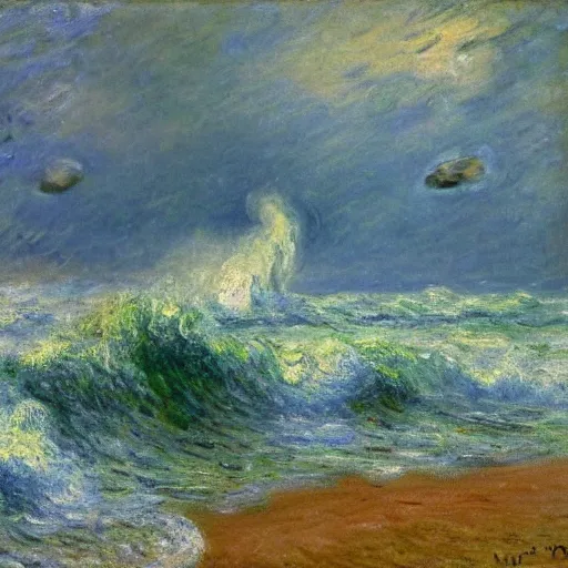 Image similar to a stormy sea with large waves and lightning in the sky, oil painting, impressionist, monet