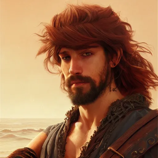 Image similar to portrait of a young rugged pirate, male, masculine, upper body, red hair, long hair, soft hair, D&D, fantasy, intricate, elegant, highly detailed, digital painting, artstation, concept art, matte, sharp focus, illustration, art by Artgerm and Greg Rutkowski and Alphonse Mucha