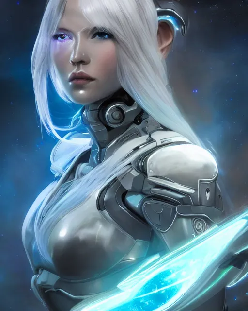 Image similar to perfect android girl on a mothership, warframe armor, beautiful face, scifi, futuristic, galaxy, nebula, raytracing, dreamy, long white hair, blue cyborg eyes, sharp focus, cinematic lighting, highly detailed, artstation, divine, by gauthier leblanc, kazuya takahashi, huifeng huang