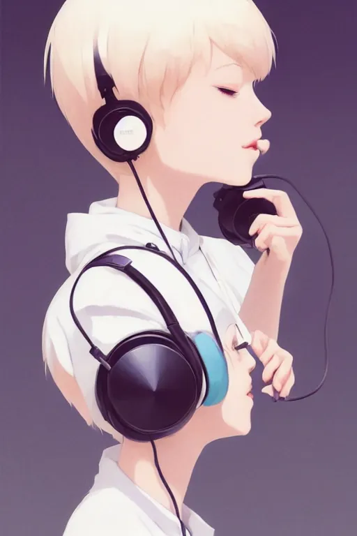 Image similar to a cute young woman listening to music with her eyes closed and wearing headphones in the style of Ilya Kuvshinov and Range Murata, white bob cut hair, freckles, dark thunderclouds in the backround, poster, oil on canvas by Krenz Cushart, 8k