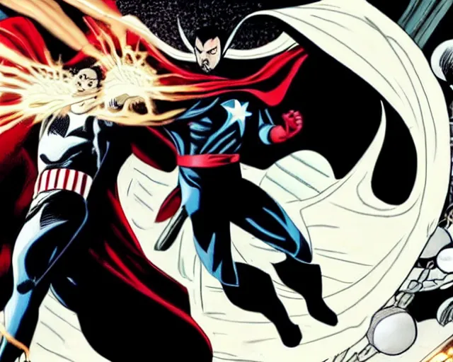 Image similar to still of moon knight vs dr. strange, in the movie moon knight and avengers