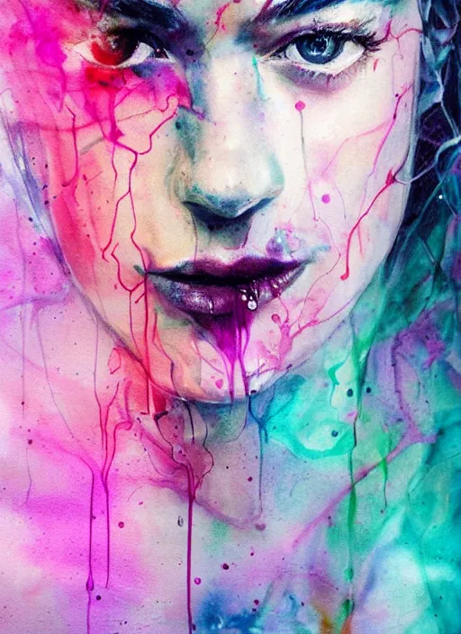 Prompt: yvonne strahovski by agnes cecile pastel light colours ink drips autumn lights