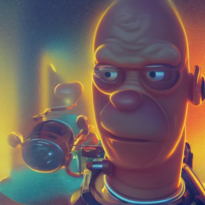 Image similar to portrait art of 8k ultra realistic retro futuristic Homer Simpson, lens flare, atmosphere, glow, detailed,intricate,blade runner, cybernetic, full of colour, cinematic lighting, trending on artstation, 4k, hyperrealistic, focused, extreme details, unreal engine 5, cinematic, masterpiece, art by ayami kojima, giger