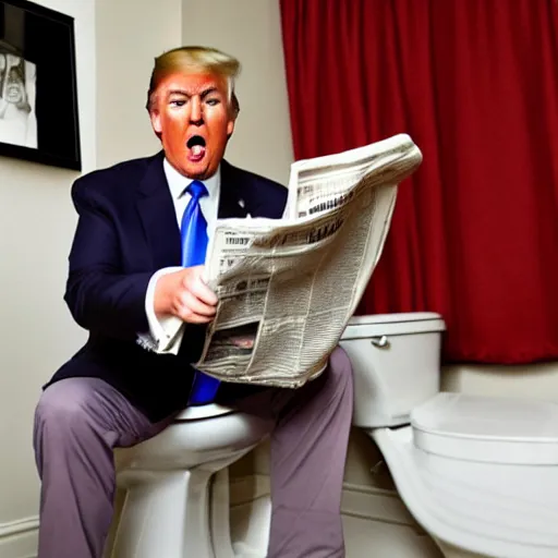 Image similar to donald trump sitting on a toilet with his pants down, he is looking at a newspaper.
