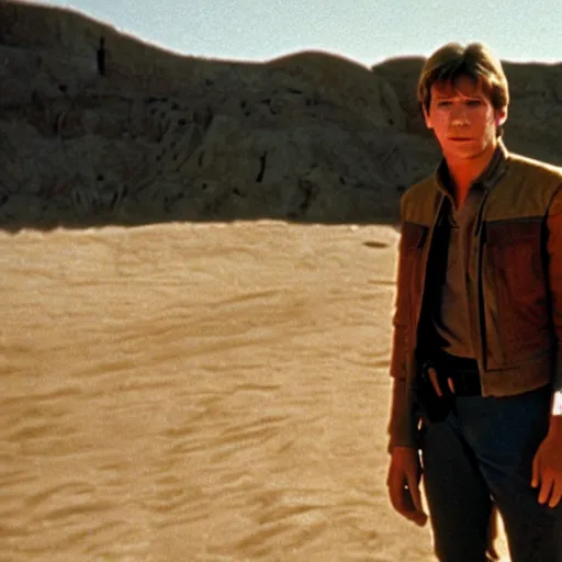 Image similar to film still of teenage harrison ford in new star wars movie, dramatic lighting, highly detailed face, kodak film, wide angle shot,