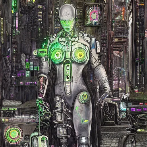 Prompt: Cyborg drawing artwork, cyberpunk, neon world, drawn by James Christensen