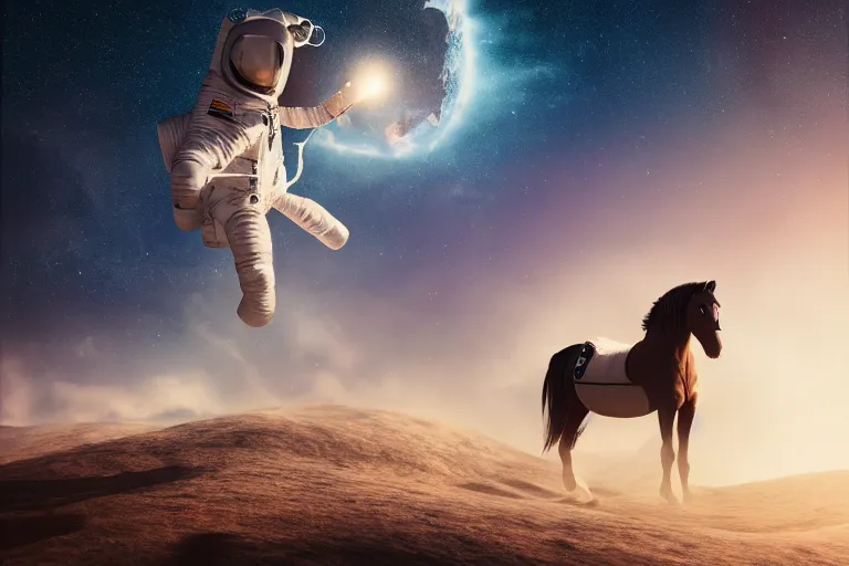 Image similar to a horse on top and an astronaut on bottom, horse is riding on the astronaut, 4 k, ultra details, cinematic, epic style, beautiful photo, hyper realistic, octane render, unreal engine, award winning, on artstation, volumetric lightning, masterpiece, golden hour,