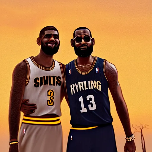 Image similar to beautiful serene intricate portrait of kyrie irving and lebron james taking a selfie, smiling softly, relaxing on the beach, golden hour, soft focus, 8 k, art by irakli nadar, hyperrealism, hyperdetailed, ultra realistic