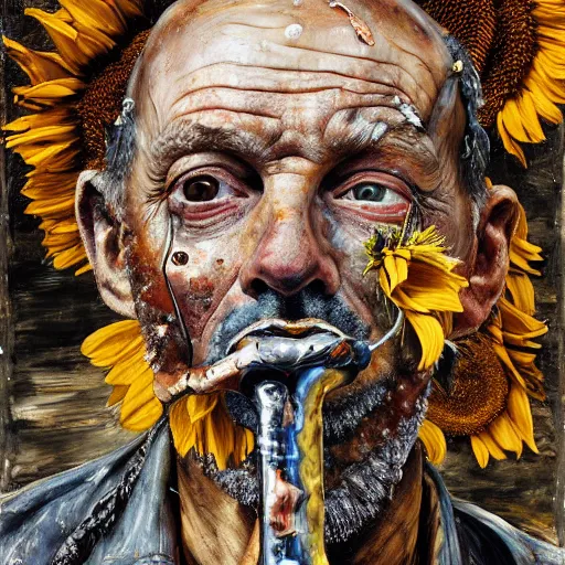 Prompt: an extreme close up portrait a wizard smoking a pipe, front angle, by Lucian Freud and Jenny Saville and Anselm Kiefer, oil painting, rust, Scaffolding, rusted metal and sunflowers, iron cladding, decay, mixed media, textured, anatomically correct, beautiful perfect face, visible brushstrokes, sharp focus, Highly Detailed, Cinematic Lighting, 8k, HD