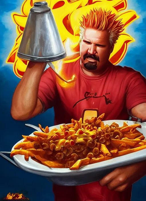 Image similar to epic cinematic poster artwork for guy fieri eating chili cheese fries, moody painting by drew struzan, beautiful backlit, colorful, iconic composition, epic award winning, artstation, extremely detailed, flare, photorealistic, 4 k