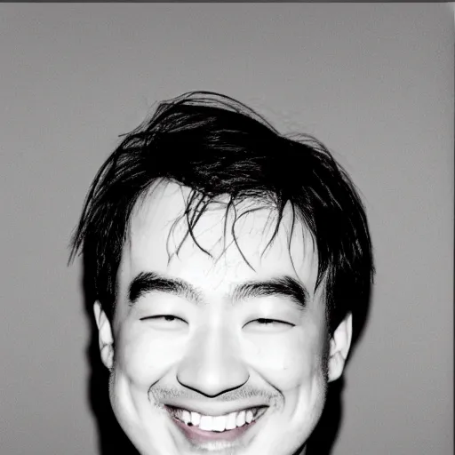 Image similar to very old photo of joji grinning at the camera with his head being slightly tilted to the right, lots of grain, red reflection in eyes, dark pitch black background, in te style of the album ballads 1.