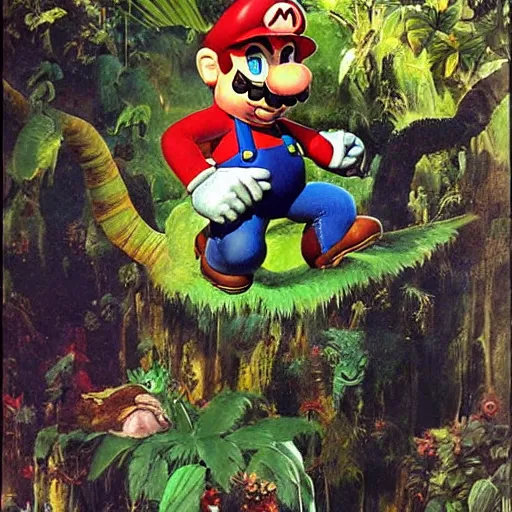 Image similar to super mario lost in mystic jungle on oil painting by frank frazetta