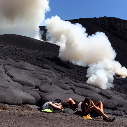 Prompt: people sunbathing on a volcano, lava, magma, smoke, steam, smoldering rocks