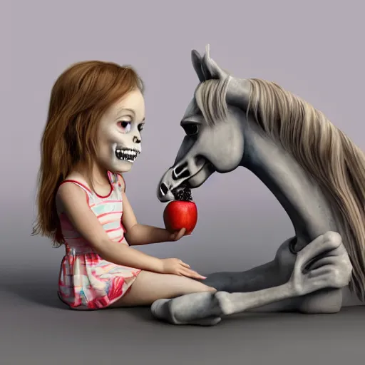 Image similar to a portrait of a little girl feeding an apple to a skeleton horse, the girl looks happy and have bright eyes and a porcelain face, matte painting 3 d watercolour rendering,