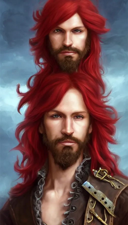 Image similar to portrait of a male pirate with flowing red hair!!!!!!, handsome, side profile, Steampunk airship!!!!!!!, D&D, fantasy, simple clothing!!!!, elegant, highly detailed, digital painting, deviantart, artstation, concept art, sharp focus, illustration, art by Artgerm and Greg Rutkowski and Alphonse Mucha