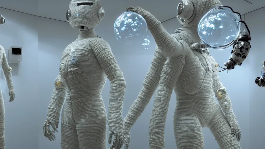 Image similar to a cybernetic symbiosis of a single astronaut eva suit made of wearing knitted yarn thread infected with diamond 3d fractal lace iridescent bubble 3d skin covered with insectoid compound eye camera lenses floats through the living room, film still from the movie directed by Denis Villeneuve with art direction by Salvador Dalí, wide lens,