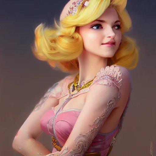 Image similar to portrait of princess peach from the mushroom kingdom, nose ring, upper body, blonde hair, long hair, joyful smirk, intricate, elegant, highly detailed, digital painting, artstation, concept art, matte, sharp focus, illustration, art by artgerm and greg rutkowski and alphonse mucha