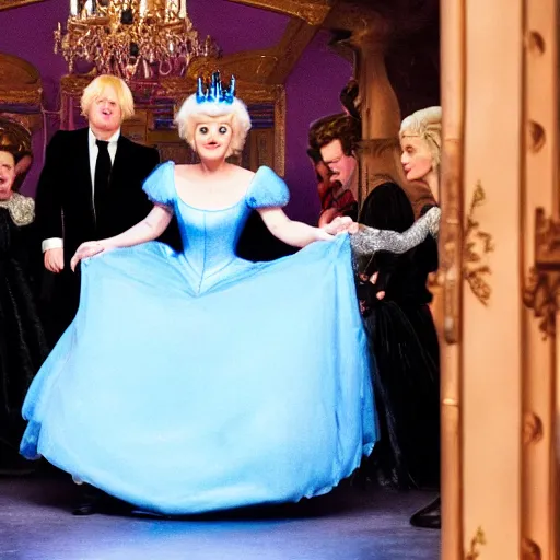 Image similar to a Still from the disney film cinderella featuring Boris Johnson as the evil queen