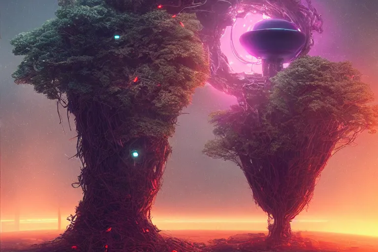 Prompt: black hole tree, cyberpunk art by mike winkelmann, trending on cgsociety, retrofuturism, reimagined by industrial light and magic, darksynth, sci - fi