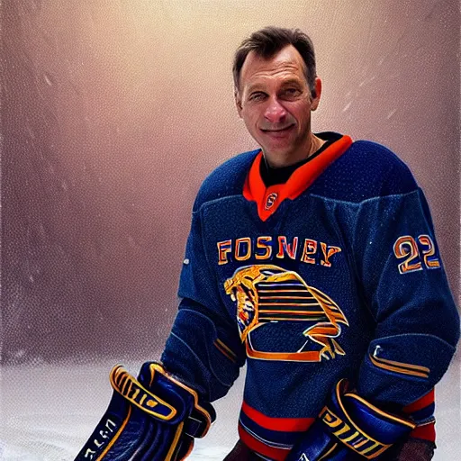 Image similar to beautiful portrait of hockey coach Clint Malarchuk, fantasy, intricate, elegant, highly detailed, digital painting, artstation, concept art, smooth, sharp focus, luxury fashion illustration, art by artgerm and greg rutkowski and alphonse mucha, brightly lit cinematic soft lighting, photorealistic